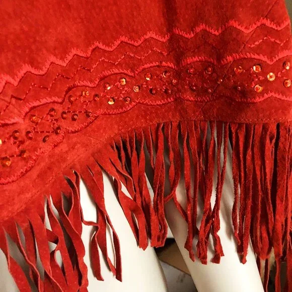 Western Boho Suede Leather Fringe Poncho Cape Rust Terracotta Newport News SM - Picture 6 of 13